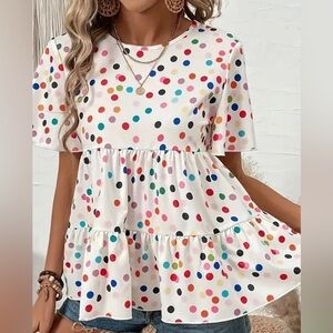 Women’s Off White Bright Polka Dot Printed Tiered Ruffle Top. Various Sizes
